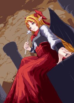 Rule 34 | 1girl, black nails, black vest, black wings, block (object), blonde hair, bow, bowtie, brown cloud, column, commentary, demon girl, demon wings, dutch angle, elis (touhou), hair bow, high-waist skirt, highres, holding, holding wand, long hair, long skirt, long sleeves, nukekip, perspective, pillar, pixel art, pointy ears, red bow, red bowtie, red eyes, red skirt, shirt, sitting, skirt, solo, star wand, touhou, touhou (pc-98), vest, wand, white shirt, wings