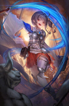 Rule 34 | 1girl, absurdres, ahoge, armor, battlefield, blue fire, braid, brown hair, commentary request, commission, cuirass, cuisses, detached sleeves, fantasy, fire, flaming weapon, hair ribbon, hakama, hakama short skirt, hakama skirt, half up braid, highres, holding, holding sword, holding weapon, japanese clothes, katana, knight, medium hair, monster, nontraditional miko, open mouth, original, pauldrons, pleated skirt, poleyn, red eyes, red skirt, ribbon, shirt, shoulder armor, side ponytail, single pauldron, skeb commission, skirt, smile, sword, taku57, tassets, weapon, white shirt, wide sleeves