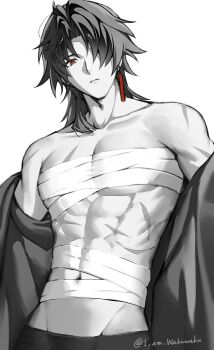 1boy abs bandaged_chest bandaged_torso blade_(honkai:_star_rail) closed_mouth collarbone commentary_request covered_pectorals cowboy_shot earrings greyscale highres honkai:_star_rail honkai_(series) jewelry looking_at_viewer male_focus monochrome multiple_scars navel nipples pectorals red_eyes scar scar_on_arm scar_on_chest shike_(i_am_morafeti) short_hair solo spot_color twitter_username undressing