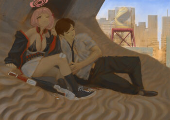 Rule 34 | 1boy, 1girl, absurdres, ammunition, bandage on knee, bandolier, belt, between breasts, bikini, black bikini, black jacket, black necktie, black pants, black shoes, black socks, blue archive, blue sky, breasts, brown hair, building, cleavage, closed eyes, commentary, day, eimi (blue archive), english commentary, gun, halo, headphones, headphones around neck, highres, hot, jacket, jpmc, kneehighs, large breasts, necktie, necktie between breasts, on ground, one eye closed, open clothes, open jacket, open mouth, outdoors, pants, partially open shirt, pink eyes, pink hair, pink halo, pump action, sand, sensei (blue archive), shade, shirt, shoes, short hair, shotgun, shotgun shell, sitting, sky, skyline, skyscraper, sleeves rolled up, socks, spas-12, swimsuit, undone necktie, water tower, weapon, white shirt, zipper bikini