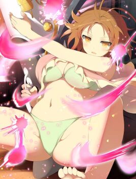 1girl antenna_hair ass aura barefoot bra breasts brown_hair chitose_(senran_kagura) detached_collar energy game_cg green_bra green_panties groin groin_tendon gun holding holding_gun holding_weapon huge_weapon large_breasts looking_at_viewer navel official_art panties parted_lips pink_shirt senran_kagura senran_kagura_new_wave shirt short_hair solo squatting third-party_source torn_clothes underwear weapon yellow_eyes
