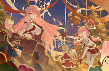 <|>_<|> 4girls absurdres alternate_costume azusa_(blue_archive) blue_archive box breasts brown_hair capelet character_doll christmas christmas_tree commentary_request decorating_christmas_tree deer_costume doll dress fur-trimmed_capelet fur-trimmed_dress fur_trim gift gift_box grey_hair halo hanako_(blue_archive) hifumi_(blue_archive) highres holding holding_doll indoors koharu_(blue_archive) korean_commentary large_breasts looking_at_another make-up_work_club_(blue_archive) multiple_girls on_swing peroro_(blue_archive) pink_hair red_capelet red_dress sitting star_(symbol) straight_hair swing thighhighs twintails u.rang white_thighhighs