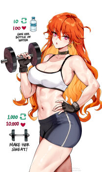 1girl alternate_costume augusta_(wuthering_waves) bare_shoulders black_choker black_gloves black_shorts bottle breasts choker cleavage collarbone colored_inner_hair commentary dumbbell earrings english_commentary english_text exercising fingerless_gloves foxyreine gloves hair_between_eyes hand_on_own_hip highres holding holding_dumbbell jewelry long_hair looking_at_viewer medium_breasts multicolored_hair navel open_mouth orange_hair red_eyes shorts signature simple_background solo sports_bra stomach sun_earrings sweat thighs toned toned_female twitter_strip_game_parody water_bottle watermark web_address weightlifting white_sports_bra wuthering_waves