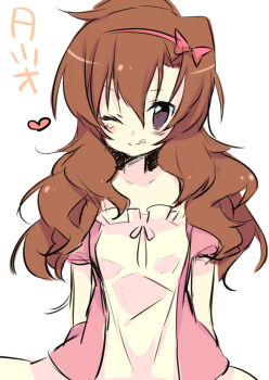 1girl :q ;q arms_behind_back blush bow brown_eyes brown_hair dress female_focus hairband heart long_hair nakamura_sandayo one_eye_closed original ribbon simple_background solo tongue tongue_out translation_request white_background