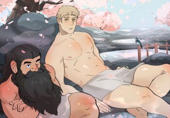 2boys animal artist_self-insert beard beard_over_mouth bird black_eyes black_hair blonde_hair bogactivity brown_eyes cherry_blossoms commentary crossed_arms dungeon_meshi dwarf english_commentary facial_hair falling_petals adversarial_noise highres laios_touden long_beard long_hair looking_at_viewer male_focus multiple_boys naked_towel nipples one_eye_closed onsen outdoors parted_lips petals pink_petals ponytail senshi_(dungeon_meshi) short_hair sitting steam topless_male towel tree very_short_hair water