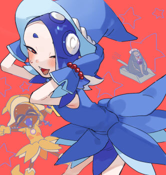 2girls asuka_momoko asuka_momoko_(cosplay) bead_bracelet beads big_man_(splatoon) blue_dress blue_gloves bracelet cosplay dress fang frye_(splatoon) gloves happy hat hat_tug highres inkling jewelry multiple_girls nintendo octoling ojamajo_doremi open_mouth red_eyes senoo_aiko senoo_aiko_(cosplay) shiver_(splatoon) splatoon_(series) splatoon_3 tentacle_hair toyosaka witch_hat