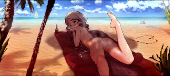 1girl absurdres anus ass barefoot beach beach_towel bikini blue_sky blush boat cleft_of_venus cloud completely_nude crab dappled_sunlight day diathorn feet female_focus flat_chest from_behind heart highres loli looking_at_viewer looking_back lying nude ocean on_stomach open_mouth original outdoors parted_bangs petite pussy sailboat sailing_ship sand shadow skinny sky solo sunlight swimsuit tan tanline toe_scrunch towel uncensored untied_bikini water watercraft