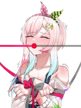 1girl airani_iofifteen ball_gag_progress_bar_(meme) bare_shoulders blue_hair blush bound cinnabuntoast closed_eyes commentary english_commentary gagged highres hololive hololive_indonesia meme open_mouth pink_hair simple_background solo tied_up_(nonsexual) upper_body virtual_youtuber white_background