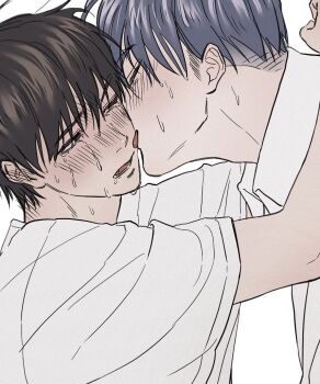 2boys black_eyes black_hair blue_hair blush closed_eyes collared_shirt commentary han_maru leejeongal licking licking_another&#039;s_cheek licking_another&#039;s_face male_focus multiple_boys one_eye_closed seon-woo_eden shirt short_hair simple_background special_civil_servant sweat symbol-only_commentary white_background white_shirt yaoi