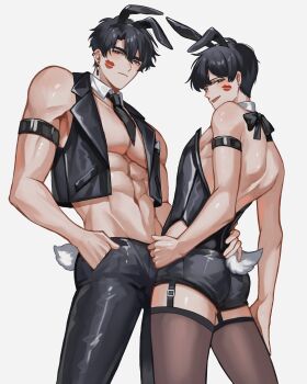 Rule 34 | 2boys, absurdres, animal ear hairband, animal ears, armlet, ass-to-ass, black jacket, black leotard, black necktie, black pantyhose, black shorts, black thighhighs, collar, commentary, cowboy shot, fake animal ears, hairband, hand in pocket, hand on another's ass, hand on own leg, highres, jacket, jewelry, kim dokja, leotard, lipstick mark, looking at viewer, male focus, male playboy bunny, multiple boys, necktie, no shirt, omniscient reader's viewpoint, open clothes, open jacket, pantyhose, papercider, rabbit ear hairband, rabbit ears, rabbit tail, short shorts, shorts, smirk, symbol-only commentary, tail, thighhighs, touching another's crotch, yaoi, yoo joonghyuk, zettai ryouiki