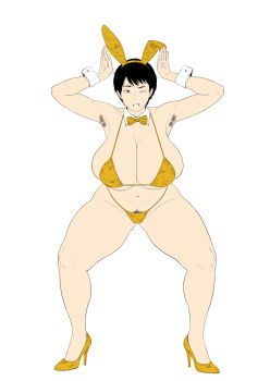 1girl armpit_hair arms_up bikini black_hair bow bowtie breasts gold_bikini high_heels highres huge_breasts large_breasts nyogiku pubic_hair rabbit_ears short_hair swimsuit