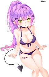 Rule 34 | 1girl, absurdres, bikini, breasts, chestnut mouth, demon girl, demon tail, ear piercing, front-tie bikini top, front-tie top, green eyes, hair ornament, hairpin, highres, hololive, knees together feet apart, leg tattoo, long hair, looking at viewer, medium breasts, navel, o-ring, o-ring bikini, piercing, ponytail, purple bikini, purple hair, side-tie bikini bottom, simple background, sitting, solo, swimsuit, tail, tattoo, tokoyami towa, vini (frisco), virtual youtuber, white background