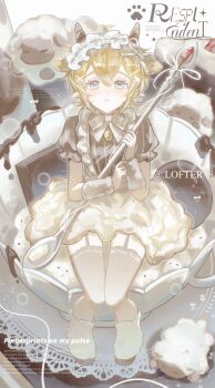 1boy absurdres ahoge alternate_costume animal animal_ears aotu_world bell blonde_hair blue_eyes blush boots bow bowtie brown_shirt brown_thighhighs cake chinese_commentary coffee crossdressing crossdressing_(mtf) cup english_text eyelashes food fork frills fruit full_body fur_boots fur_skirt fur_wrist_cuffs garter_straps hair_bow hair_ornament hairband hairclip highres holding holding_spoon horns in_container in_cup kemonomimi_mode king_(aotu_world) looking_at_viewer maid maid_headdress male_focus male_maid mini_person miniboy neck_bell oversized_object parted_lips plate plutoray pointy_ears puffy_short_sleeves puffy_sleeves saucer sheep sheep_boy sheep_ears sheep_horns shirt short_hair short_sleeves sitting skirt solo spoon strawberry strawberry_shortcake striped_clothes striped_shirt sugar_cube suspenders teacup thighhighs trap twitter_username vertical-striped_clothes vertical-striped_shirt watermark white_boots white_bow white_bowtie white_skirt wrist_cuffs zettai_ryouiki