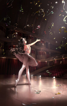 1girl ass ballerina ballet ballet_slippers balletcore bangsom bare_shoulders black_hair bow breasts closed_mouth confetti dress en_pointe hair_bow hair_ornament hair_ribbon hairband highres indoors leotard leotard_peek long_hair maya_(bangsom) original pantyhose purple_eyes ribbon smile solo stage stage_lights standing theater tutu very_long_hair white_dress