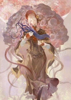 1girl 1other ascot bloodborne bonnet boots brown_cloak cloak corset creature doll_joints dress eldritch_abomination feet_out_of_frame frilled_corset frills fringe_trim highres holding holding_creature hunter_(great_one)_(bloodborne) joints lace looking_at_another looking_down monster moon parted_bangs plain_doll red_ascot red_bonnet sidelocks squid standing winter_lantern yayaziiii