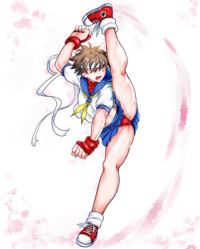 Rule 34 | 1girl, artist request, axe kick, blue skirt, brown eyes, brown hair, clenched hands, commentary request, covered collarbone, fighting stance, fingernails, full body, gloves, headband, highres, kasugano sakura, kicking, midriff peek, open mouth, pleated skirt, red gloves, sailor collar, school uniform, serafuku, shoes, short hair, short sleeves, simple background, skirt, sneakers, socks, solo, split, spread legs, standing, standing on one leg, standing split, street fighter, street fighter zero (series), teeth, thighs, turtleneck