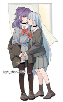 Rule 34 | 2girls, asahina mafuyu, bandage on knee, black cardigan, black choker, black socks, black thighhighs, cardigan, choker, closed eyes, closed mouth, commentary, curtains, grey hair, grey shirt, grey shoes, hashtag-only commentary, highres, holding hands, loafers, long hair, miyamasuzaka girls' academy school uniform, multiple girls, neckerchief, open mouth, ponytail, project sekai, purple eyes, purple hair, red neckerchief, sailor collar, school uniform, shirt, shoes, smile, socks, sparkle, thighhighs, twitter username, white sailor collar, ye shao21785, yoisaki kanade, yuri