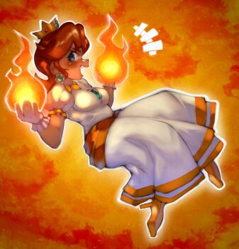 1girl blue_eyes brown_hair crown dress earrings fang fire fire_daisy flower_earrings from_side gloves high_heels highres jewelry long_hair mario_(series) nintendo onimiere orange_shoes princess_daisy pyrokinesis shoes super_mario_bros._wonder two-tone_dress white_dress white_gloves