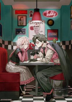 1boy 1girl black_coat black_gloves black_hair black_pants black_shirt booth_seating ceiling_light checkered_floor checkered_wall closed_mouth coat coat_on_shoulders commentary english_commentary frilled_skirt frills from_side full_body gloves hair_between_eyes hashtag-only_commentary head_rest headdress heterochromia highres indoors leaning_forward long_hair looking_at_viewer neon_sign nojinoji12 on_stool original pants pink-tinted_eyewear pink_hair pink_shirt round_eyewear shirt short_hair sitting skirt sleeves_past_wrists smile tile_floor tiles tinted_eyewear white_headdress white_skirt