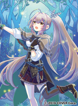 Rule 34 | 1girl, asymmetrical legwear, beckoning, bow, bowtie, breasts, brown bow, brown bowtie, brown cloak, brown eyes, brown gloves, brown hair, brown skirt, cloak, commentary request, corset, dagger, feather hair, gloves, hair ornament, hairclip, high ponytail, hiro046k, hololive, hololive english, knife, leather belt, light particles, long hair, mismatched legwear, nanashi mumei, nanashi mumei (1st costume), official art, open mouth, outdoors, partially fingerless gloves, ponytail, shirt, single thighhigh, skirt, small breasts, solo, standing, standing on one leg, thighhighs, three-quarter sleeves, tree, underbust, very long hair, virtual youtuber, weapon, white shirt