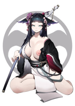 1girl absurdres animal_ears arched_bangs arknights bare_shoulders black_gloves black_hair black_haori black_sash blunt_bangs breasts collarbone commentary flower full_body ghosty_(xiaobai) gloves green_eyes hair_flower hair_intakes hair_ornament haori highres japanese_clothes katana large_breasts long_hair long_sleeves looking_at_viewer mio_(arknights) nipples no_bra off_shoulder parted_lips pink_flower procreate_(medium) purple_flower sash sheath sheathed single_glove sitting solo sword variant_set weapon white_background