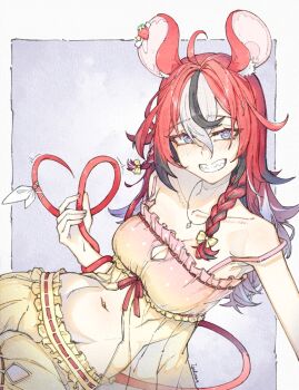 1girl ahoge animal_ears babydoll black_streaks blue_eyes bow braid breasts cleavage grin hair_bow hakos_baelz hakos_baelz_(strawberry_onesie) heart heart-shaped_pupils highres hololive hololive_english igalimax large_breasts long_hair looking_at_viewer mouse_ears mouse_girl mouse_tail navel official_alternate_costume official_alternate_hairstyle pink_babydoll polka_dot_babydoll red_hair sharp_teeth shorts smile solo symbol-shaped_pupils tail teeth twin_braids virtual_youtuber white_hair yellow_babydoll yellow_bow yellow_shorts