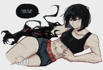 Rule 34 | 1girl, asymmetrical arms, bandaged knees, bandages, bandaid, bandaid on face, bandaid on thigh, belt, black choker, black hair, blunt ends, bob cut, breasts, choker, claws, commentary, deimos (sy no), denim, denim shorts, english commentary, english text, highres, looking at viewer, lying, midriff, mismatched arms, monster arm, mouth hold, multiple scars, muscular, muscular female, on side, original, pointing at hand, red belt, red eyes, scar, scar on arm, scar on thighs, short hair, shorts, simple background, small breasts, solo, speech bubble, sports bra, stalk in mouth, sy no, tomboy, toned, toned female, white background