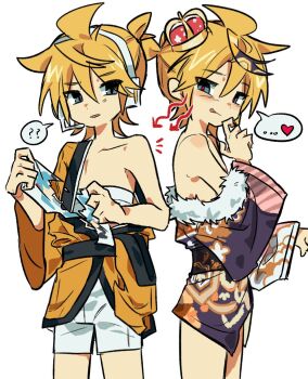 ... 2boys :p ? ?? blonde_hair crown gagwan gekokujou_(vocaloid) hadanugi_dousa hair_between_eyes headset heart highres japanese_clothes kagamine_len kimono male_focus mini_crown multiple_boys open_kimono sarashi short_kimono shorts single_bare_shoulder spoken_heart tearing_paper tongue tongue_out vocaloid white_shorts
