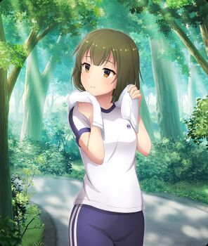 Rule 34 | 1girl, ban tsugumi, blue pants, blue shorts, blunt bangs, breasts, bush, cowboy shot, dappled sunlight, day, dot nose, double-parted bangs, emblem, forest, game cg, green hair, looking to the side, nature, official art, outdoors, pants, parted lips, shirt, short sleeves, shorts, small breasts, solo, stone walkway, sunlight, t-shirt, teeth, third-party source, toji no miko, toji no miko: kizamishi issen no tomoshibi, towel, towel around neck, tree, white shirt, yellow eyes