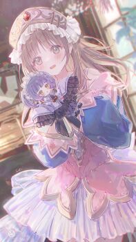 Rule 34 | 2girls, absurdres, atelier (series), atelier totori, blurry, blush stickers, brown hair, chim (atelier), chromatic aberration, depth of field, doll, dress, frilled sleeves, frills, gothic lolita, grey eyes, headdress, highres, holding, indoors, lolita fashion, maid headdress, multiple girls, muted color, totooria helmold, umehara sei, watermark, window