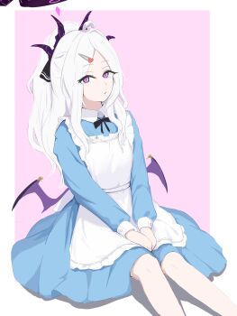 1girl absurdres ahoge apron black_halo blue_archive blush breasts demon_girl demon_horns demon_wings halo highres hina_(blue_archive) horns kwiiwk1 long_hair looking_at_viewer low_wings maid maid_apron purple_eyes simple_background sitting small_breasts solo white_hair wings