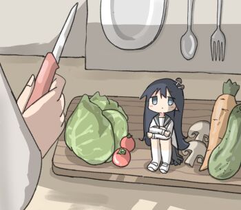 2girls black_hair black_sailor_collar black_skirt blue_eyes cabbage carrot cherry_tomato cucumber cutting_board forest_buddy highres holding holding_knife hugging_own_legs jitome knife mini_person minigirl multiple_girls mushroom mushroom_on_head no_nose plate sailor_collar shimeji_simulation shirt sitting skirt spoon tomato tsukishima_shijima white_shirt