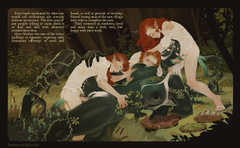 1girl 3boys anal bread breast_sucking breasts colored_skin elf english_text fantasy fellatio female_pubic_hair food foursome gangbang green_skin group_sex highres huge_breasts incase lettuce male_penetrated meat monster_girl multiple_boys oral original pegging pointy_ears pubic_hair pussy red_hair sex tall_female tentacles tree water white_hair