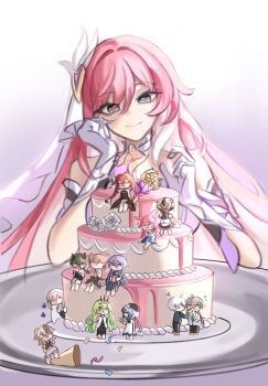 1girl animal_ears aponia bare_shoulders birthday_cake black_dress black_jacket black_pants black_shirt black_suit blonde_hair blue_(bluespring1513) blue_dress blue_eyes blue_hair brown_hair cake cake_decoration cat_ears commentary confetti cosplay dress eden_(honkai_impact) elbow_gloves elysia_(herrscher_of_human:_ego)_(honkai_impact) elysia_(honkai_impact) english_commentary food formal_clothes fu_hua gloves grey_hair griseo griseo_(starry_impression) hair_between_eyes highres honkai_(series) honkai_impact_3rd horns jacket kalpas_(honkai_impact) kevin_kaslana kosma long_hair maid mask mask_on_head mobius_(honkai_impact) pants pardofelis pink_hair pink_pupils rabbit_ears red_hair revision shirt simple_background skirt solo su_(honkai_impact) suit table thirteen_flame-chasers_(honkai_impact) triquetra upper_body veil very_long_hair vill-v white_dress white_gloves white_hair white_jacket white_skirt white_veil yae_sakura yae_sakura_(goushinnso_memento)