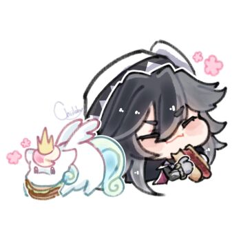 Rule 34 | 1boy, ashveil (honkai: star rail), black hair, bracelet, chibi, chiiloby, commentary, crown, eating, english commentary, fedora, flower, food, gradient hair, hair between eyes, hat, highres, holding, holding food, honkai: star rail, honkai (series), jewelry, little ica (honkai: star rail), long hair, mane, memosprite, mini crown, multicolored hair, pegasus, signature, tail, white background, wings