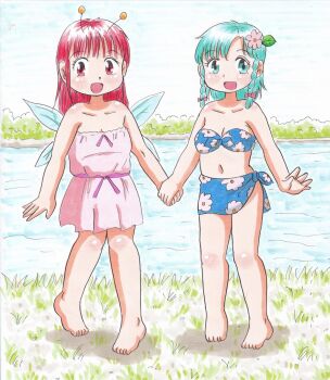 2girls antennae aqua_eyes aqua_hair barefoot bikini blue_bikini blue_sarong blush braid breasts cleavage cliche_(marup) collarbone dress fairy fairy_wings floral_print flower furina_(marup) grass hair_flower hair_ornament hair_ribbon holding_hands leaf_hair_ornament loli long_hair looking_at_viewer marup multiple_girls navel open_mouth original pink_dress pink_flower pink_ribbon print_bikini print_sarong red_eyes red_hair ribbon river sarong short_hair sky small_breasts smile standing strapless strapless_dress swimsuit traditional_media twin_braids water wings