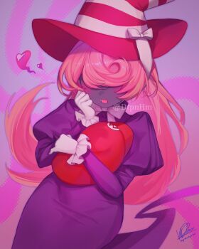 1girl :o artist_name blush bow bowtie colored_skin covered_eyes curly_hair dress dtpnhm frilled_gloves frills gloves grey_skin hair_over_eyes hand_on_own_cheek hand_on_own_face hat hat_bow heart highres holding holding_unworn_clothes holding_unworn_hat humanization juliet_sleeves long_hair long_sleeves mario_(series) mario_hat nintendo open_mouth paper_mario paper_mario:_the_thousand-year_door pink_hair pink_hat puffy_sleeves purple_dress red_hat signature solo striped_hat twitter_username unworn_hat unworn_headwear vivian_(paper_mario) white_bow white_gloves