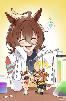 2girls ^_^ agnes_tachyon_(umamusume) ahoge animal_ears black_necktie black_shirt braid brown_hair closed_eyes collared_shirt commentary dated_commentary detached_sleeves erlenmeyer_flask excited fang flask food glass hair_between_eyes half_up_braid happy heart highres holding holding_spoon horse_ears horse_girl jacket jungle_pocket_(umamusume) long_bangs mazu1kan mini_person multiple_girls necktie notice_lines open_clothes open_jacket open_mouth parfait pill shirt short_hair short_necktie smile speech_bubble spoken_heart spoon star-shaped_pupils star_(symbol) sweater symbol-shaped_pupils test_tube umamusume very_long_sleeves white_jacket wing_collar yellow_background yellow_sweater