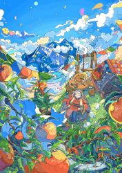 Rule 34 | 1girl, absurdres, animal, apple, basket, blue sky, branch, building, chair, closed eyes, cloud, colorful, commentary request, cup, day, dress, flower, food, fox, fruit, grin, highres, leaf, long sleeves, mountain, nara lalana, nature, original, outdoors, peel (tool), pie, plant, rabbit, red flower, scenery, signature, sky, smile, snake, solo, standing, string of flags, swing, swing set, table, teacup, teapot, wide shot, wide sleeves, window