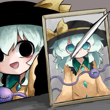 1girl bags_under_eyes black_eyes black_hat blue_eyes buttons diamond_button eyeball frilled_shirt_collar frilled_sleeves frills green_hair hat hat_ribbon heripantomorrow knife komeiji_koishi photo_(object) picture_frame ribbon shirt smile stab stitched_eye third_eye touhou wide_sleeves yellow_ribbon yellow_shirt