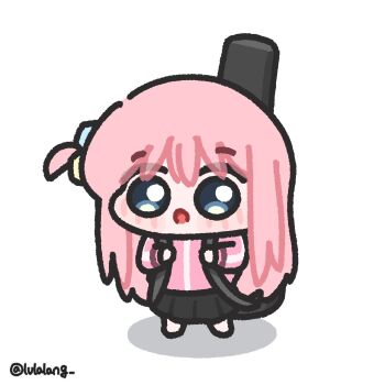 Rule 34 | 1girl, :o, black skirt, blue eyes, bocchi the rock!, chibi, chibi only, commentary, full body, gotoh hitori, guitar case, highres, instrument case, jacket, long hair, looking at viewer, lulalang, one side up, open mouth, pink hair, pink jacket, simple background, skirt, solo, standing, symbol-only commentary, twitter username, white background