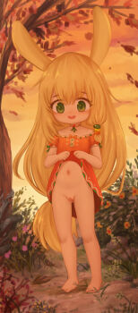1girl absurdres animal_ears artist_request autumn autumn_leaves barefoot blonde_hair cleft_of_venus clothes_lift dress dress_lift feet female_focus flower forest full_body green_eyes highres leaf lifting_own_clothes loli long_hair nature no_panties open_mouth orange_dress original outdoors pussy solo standing toes tree