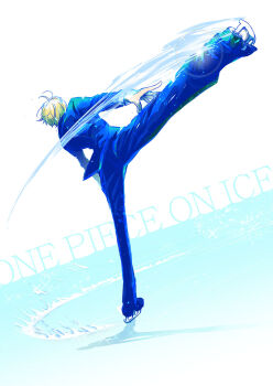1boy back blonde_hair commentary_request copyright_name dutch_angle formal_clothes full_body highres ice_skating leg_up male_focus nin32zawa151 one_piece sanji_(one_piece) short_hair skating solo suit