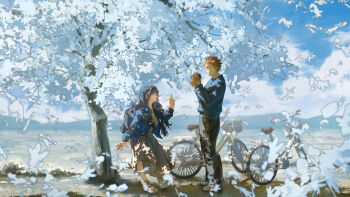 1boy 1girl arm_at_side bad_tag bicycle black_hair black_pants blonde_hair blue_jacket blue_sweater camera closed_eyes closed_mouth commentary dappled_sunlight day dress english_commentary falling_petals grey_dress hand_up hands_up highres holding holding_camera jacket jaks024 kaoru_hana_wa_rin_to_saku long_dress long_hair outdoors pants parted_lips petals scenery shoes short_hair smile sneakers standing sunlight sweater taking_picture tree tsumugi_rintarou v very_short_hair waguri_kaoruko white_shoes