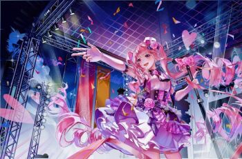 1girl artist_request black_bow black_bowtie black_corset black_vest bow bowtie brooch cloud collared_vest confetti corset cowboy_shot drill_hair elbow_gloves fingerless_gloves floating_hair flower flower_brooch frilled_skirt frills gloves hair_bow hair_flower hair_ornament hat heart holding holding_microphone_stand idol jewelry light_blush long_hair looking_ahead microphone microphone_stand miniskirt miracle_nikki multiple_rings music night night_sky nikki_(nikki) nikki_(series) open_mouth outdoors palms pink_eyes pink_flower pink_hair pink_hat pink_rose purple_skirt purple_vest ring rose shirt singing skirt sky smile solo source_request stage stage_lights standing striped_clothes striped_skirt third-party_source twin_drills twintails two-sided_veil two-tone_headwear vertical-striped_clothes vertical-striped_skirt very_long_hair vest white_gloves white_hat white_shirt