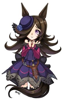 1girl absurdres animal_ears bare_shoulders black_thighhighs blue_flower blue_hat blue_rose blush breasts brown_hair closed_mouth commentary dagger dress english_commentary fascinator flipped_hair flower fur_choker hair_over_one_eye hat hat_flower highres horse_ears horse_girl horse_tail keeterz knife long_hair long_sleeves looking_at_viewer off-shoulder_dress off_shoulder purple_eyes rice_shower_(rosy_dreams)_(umamusume) rice_shower_(umamusume) rose sheath sheathed simple_background smile solo tail thighhighs tilted_headwear umamusume weapon white_background