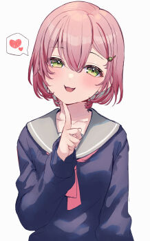 1girl :3 :d aoto_neko blue_sweater blush collarbone commentary_request finger_to_own_chin green_eyes grey_sailor_collar hair_ornament hairclip heart highres long_sleeves neckerchief open_mouth original pink_hair pink_neckerchief sailor_collar short_hair smile spoken_heart sweater upper_body