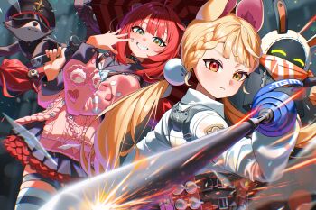 2girls ^_^ absurdres alice_thymefield animal_ears bangboo_(zenless_zone_zero) black_hat black_sailor_collar black_skirt braid braided_twintails cardigan closed_eyes closed_mouth commentary_request eous_(zenless_zone_zero) frilled_skirt frills gradient_eyes grin hair_ornament hat heterochromia highres holding holding_sword holding_umbrella holding_weapon kamanosuke_(zenless_zone_zero) long_hair long_sleeves looking_at_viewer low_twintails multicolored_eyes multiple_girls orange_eyes pink_cardigan puffy_long_sleeves puffy_sleeves rabbit_ears rabbit_girl raccoon rapier red_eyes red_hair sailor_collar shirt side_braids skirt smile sphere_hair_ornament sword tai_saka twintails ukinami_yuzuha umbrella weapon white_shirt zenless_zone_zero