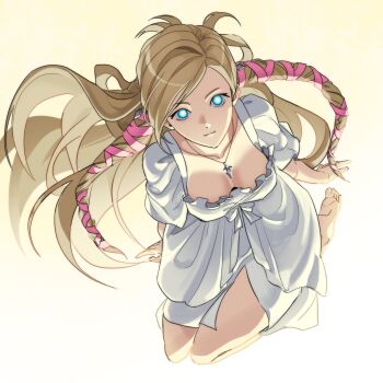 1girl barefoot blonde_hair blue_eyes breasts cleavage closed_mouth dress final_fantasy final_fantasy_xiv from_above glowing glowing_eyes hair_ribbon half_updo hashtag-only_commentary highres jewelry kkigoe_ff14 light_smile medium_breasts minfilia_warde necklace pink_ribbon puffy_short_sleeves puffy_sleeves ribbon short_sleeves sidelocks solo swept_bangs white_dress