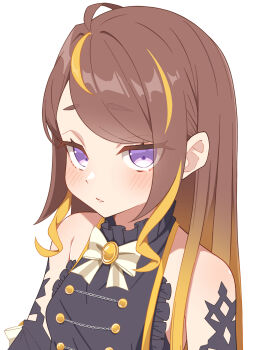 Rule 34 | 1girl, ahoge, alternate hairstyle, anya melfissa, anya melfissa (1st costume), aobara hairi, bare shoulders, blonde hair, blunt bangs, brown hair, gradient hair, highres, hololive, hololive indonesia, light blush, long hair, looking at viewer, multicolored hair, open mouth, simple background, streaked hair, two-tone hair, upper body, virtual youtuber, white background